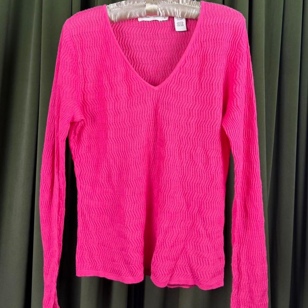 Perry Ellis Womens Hot Pink V-Neck Knit Long Sleeve Top Oversized Cotton Medium